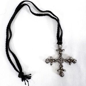 Ornate Pewter Cross Pendant Necklace on Handmade Black Cord Medieval Renfair SCA